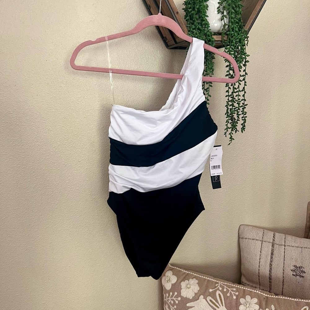 La Blanca One-Shoulder Black and White Ruched Swimsuit
